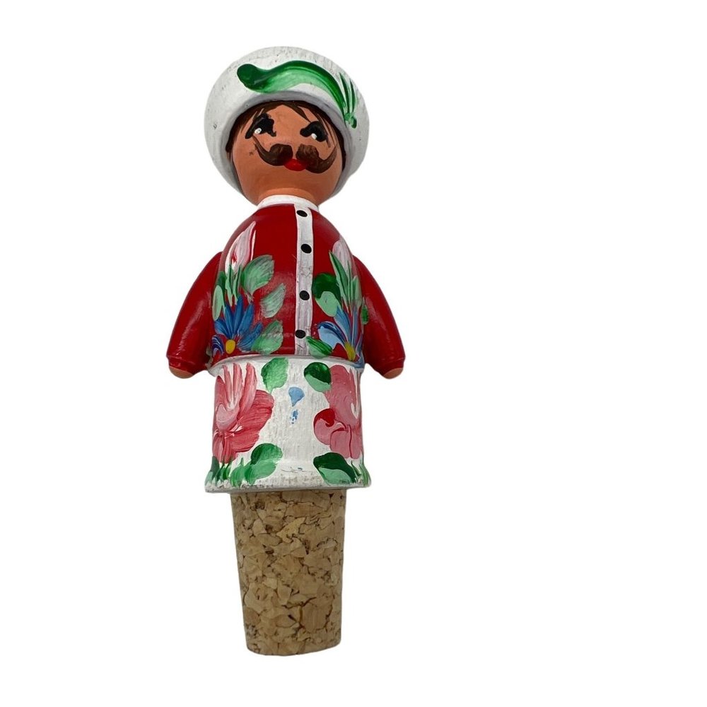 Wine Bottle Stopper Figural Man Wearing Hat w/ Floral Design Wood and Cork 4"